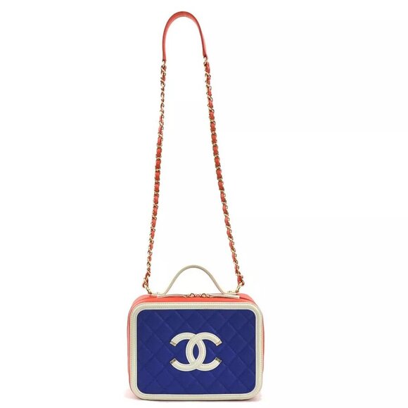 Auth CHANEL CC Filigree Handbag Shoulder Bag Red/Blue/White Leather - Picture 3 of 16